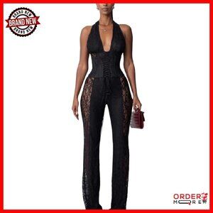 Sexy Lace Jumpsuit Deep V Halter Flare Pant Party Club Outfit